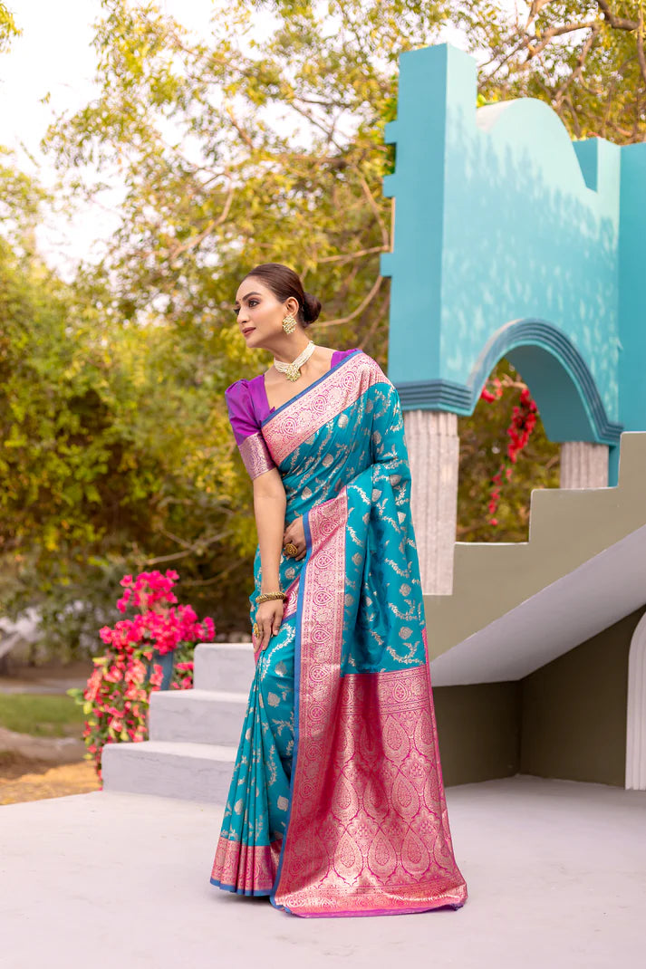 Dixz Fashion Premium Banarasi Semi Satin Silk Saree with Contrast Blouse