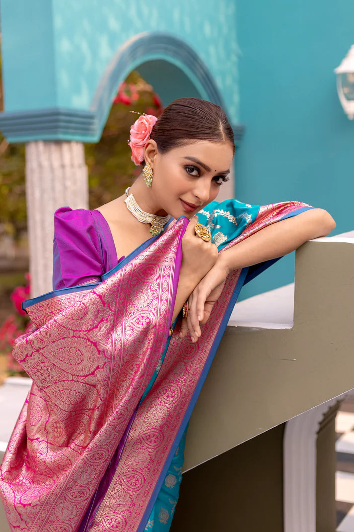 Dixz Fashion Premium Banarasi Semi Satin Silk Saree with Contrast Blouse