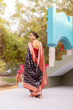 Dixz Fashion Premium Banarasi Semi Satin Silk Saree with Contrast Blouse