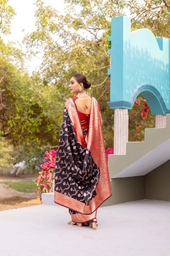 Dixz Fashion Premium Banarasi Semi Satin Silk Saree with Contrast Blouse