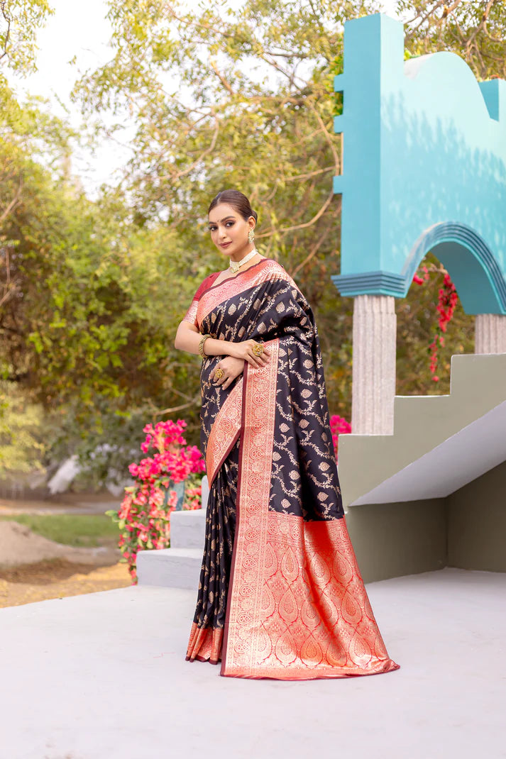 Dixz Fashion Premium Banarasi Semi Satin Silk Saree with Contrast Blouse