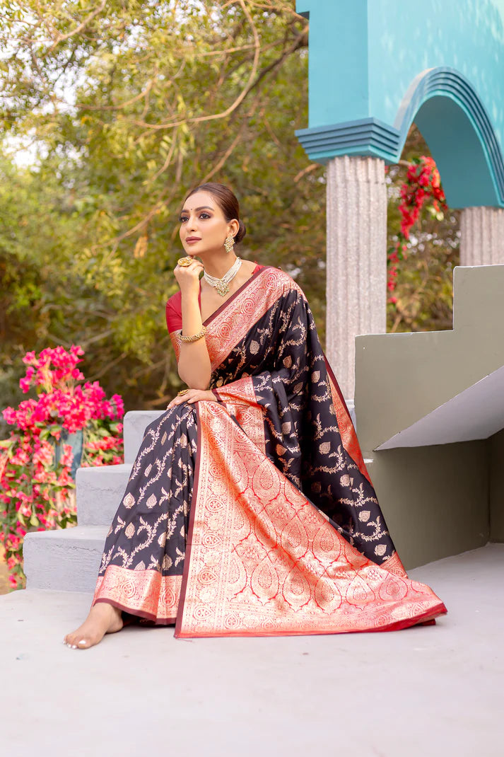 Dixz Fashion Premium Banarasi Semi Satin Silk Saree with Contrast Blouse
