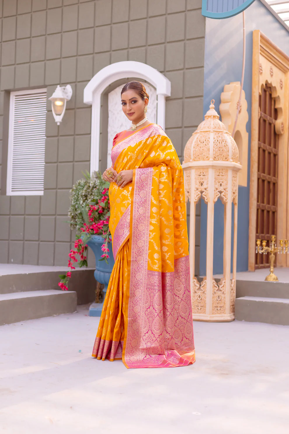 Dixz Fashion Premium Banarasi Semi Satin Silk Saree with Contrast Blouse