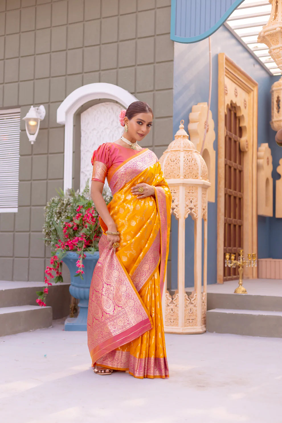 Dixz Fashion Premium Banarasi Semi Satin Silk Saree with Contrast Blouse