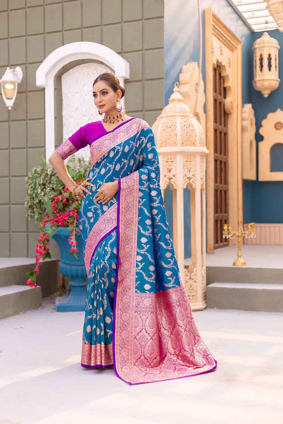 Dixz Fashion Premium Banarasi Semi Satin Silk Saree with Contrast Blouse