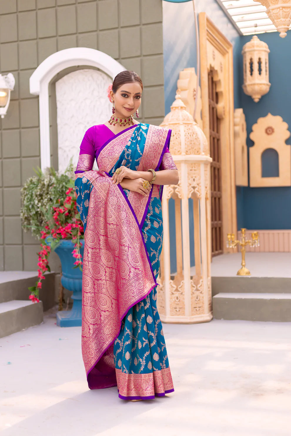 Dixz Fashion Premium Banarasi Semi Satin Silk Saree with Contrast Blouse