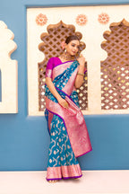 Dixz Fashion Premium Banarasi Semi Satin Silk Saree with Contrast Blouse