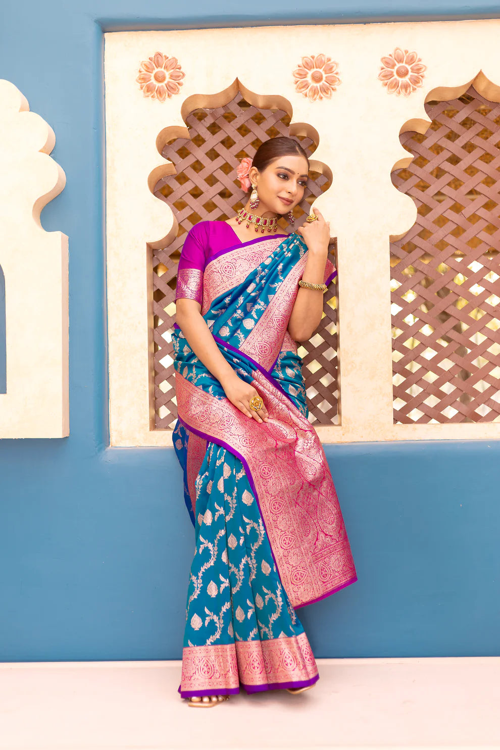 Dixz Fashion Premium Banarasi Semi Satin Silk Saree with Contrast Blouse