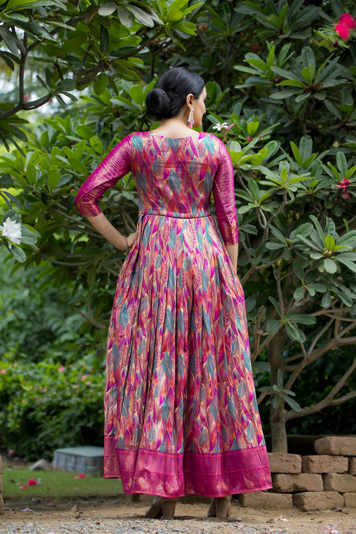 Dixz Fashion Banarasi Soft Silk Gown with Copper Weaving & Side Zipper