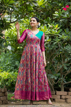 Dixz Fashion Banarasi Soft Silk Gown with Copper Weaving & Side Zipper