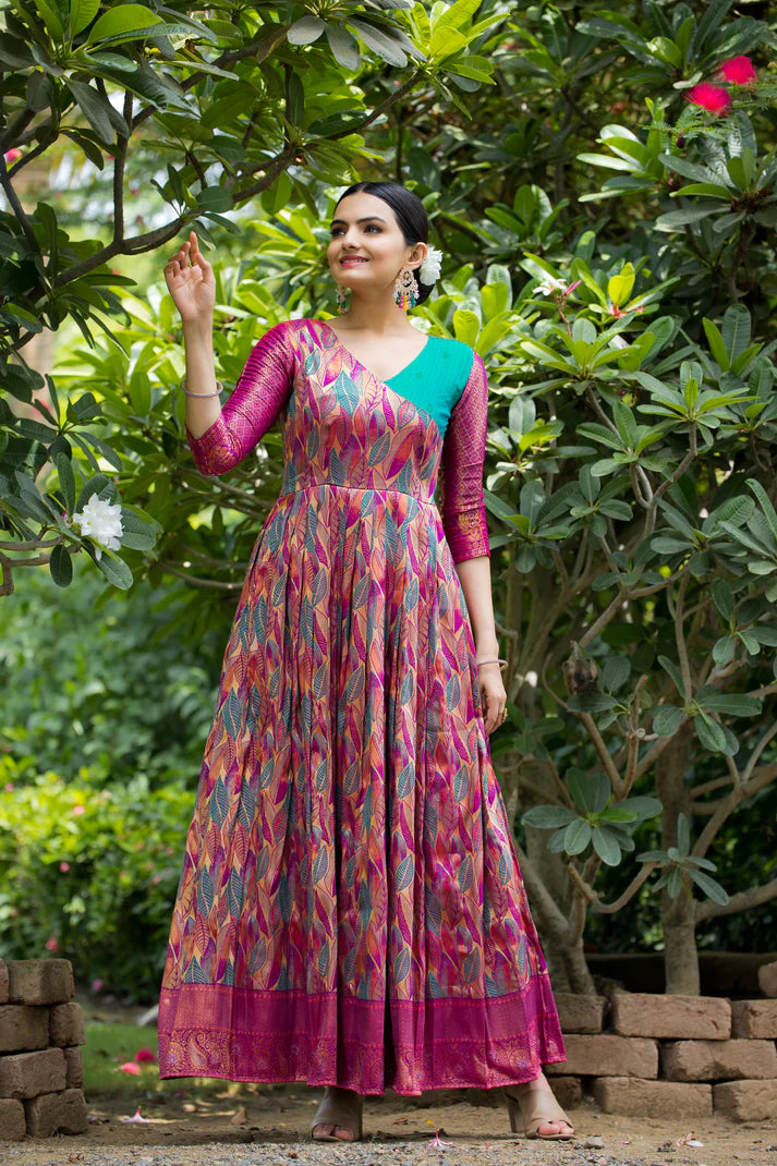 Dixz Fashion Banarasi Soft Silk Gown with Copper Weaving & Side Zipper