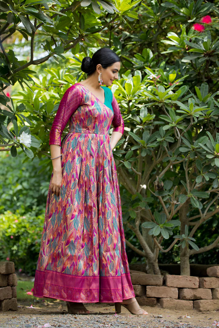 Dixz Fashion Banarasi Soft Silk Gown with Copper Weaving & Side Zipper