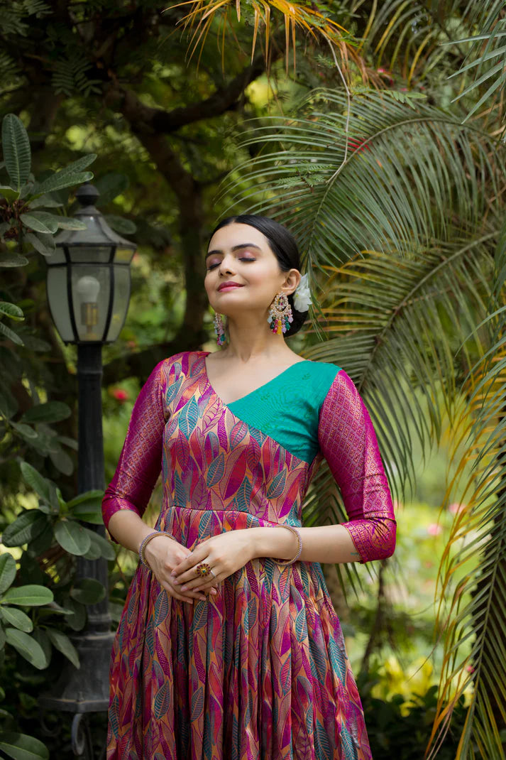 Dixz Fashion Banarasi Soft Silk Gown with Copper Weaving & Side Zipper