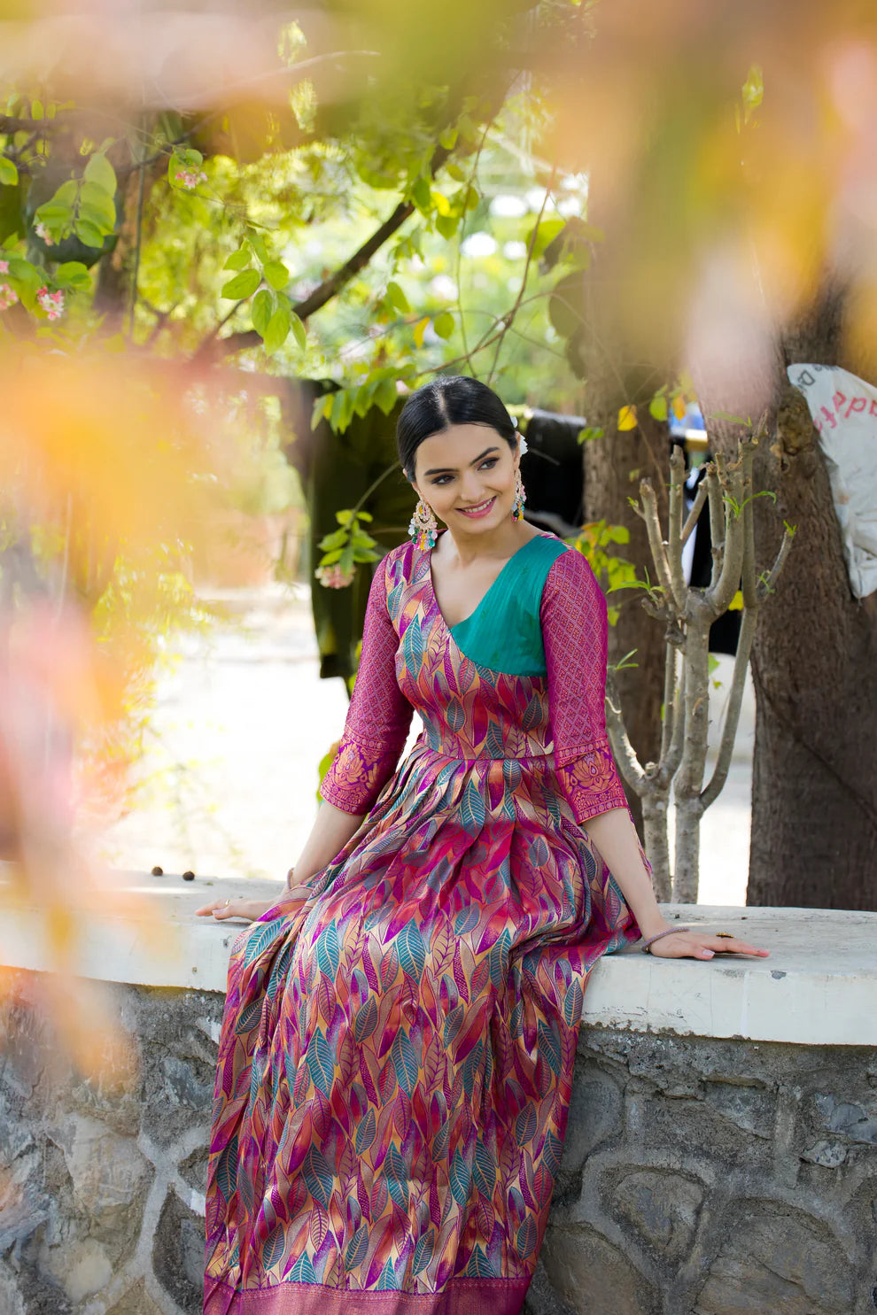 Dixz Fashion Banarasi Soft Silk Gown with Copper Weaving & Side Zipper