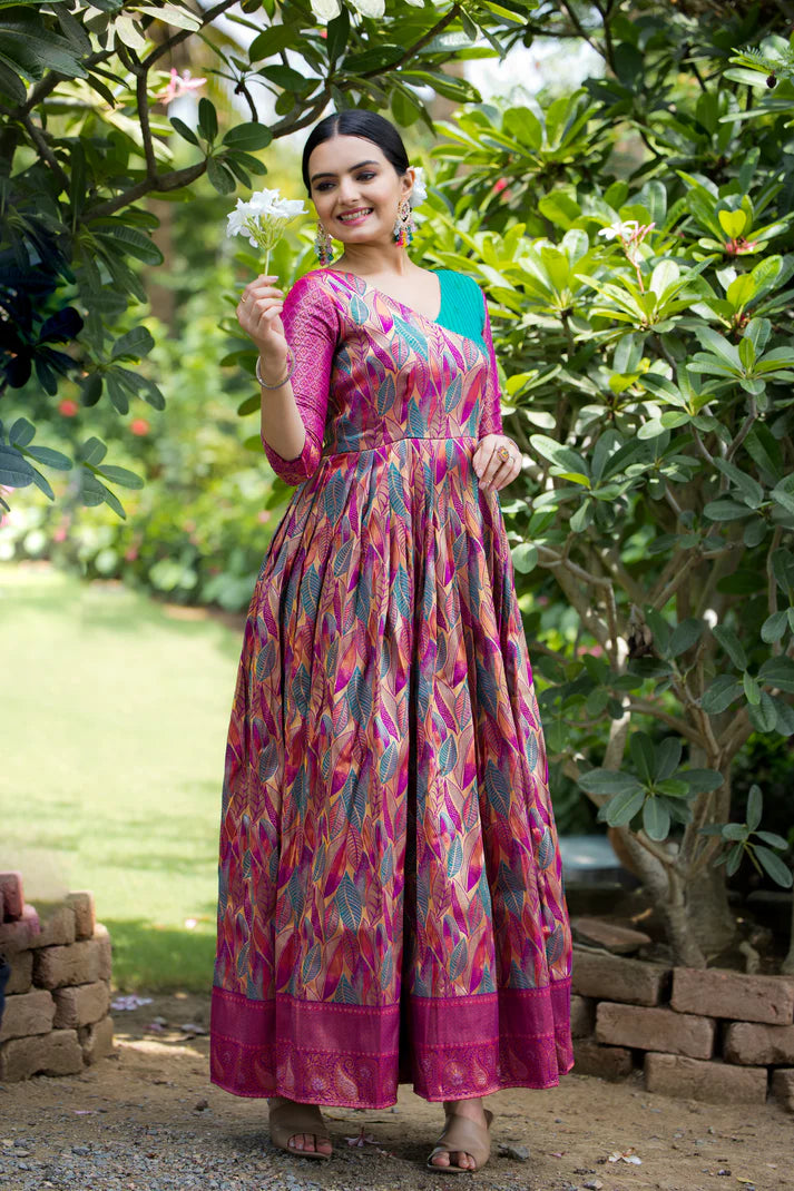 Dixz Fashion Banarasi Soft Silk Gown with Copper Weaving & Side Zipper