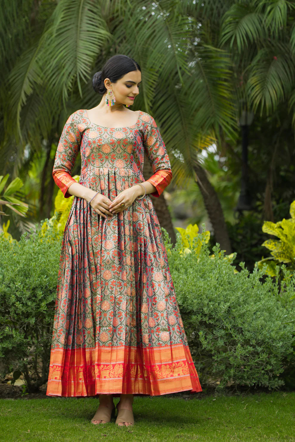 Dixz Fashion Regal Semi-Kanjivaram Silk Gown with Copper Weaving & Fancy Neckline