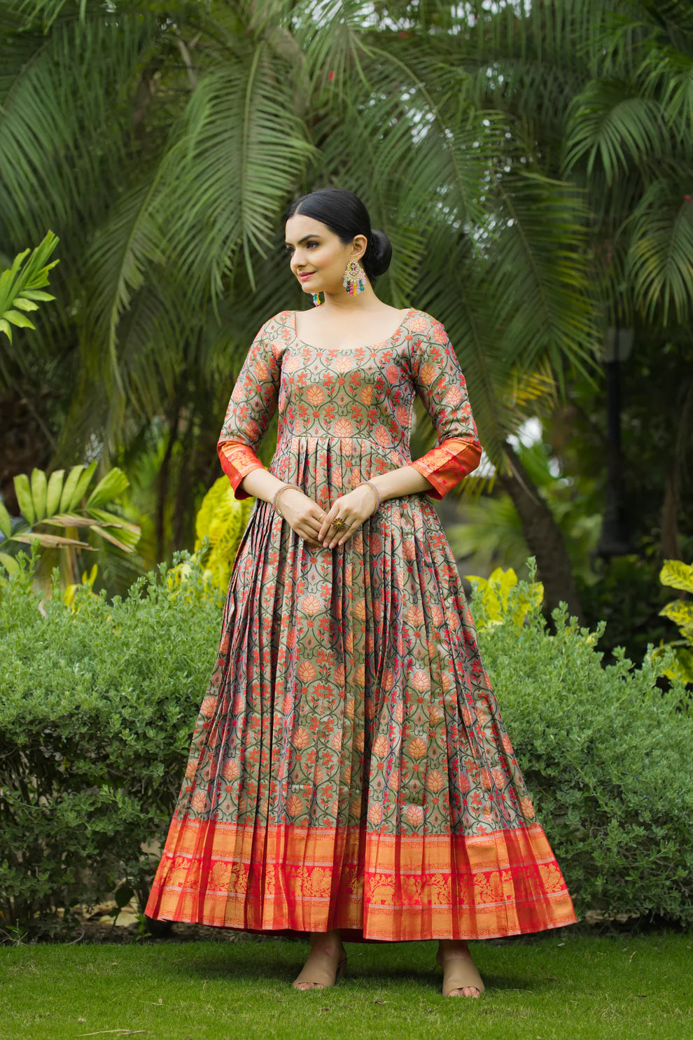 Dixz Fashion Regal Semi-Kanjivaram Silk Gown with Copper Weaving & Fancy Neckline