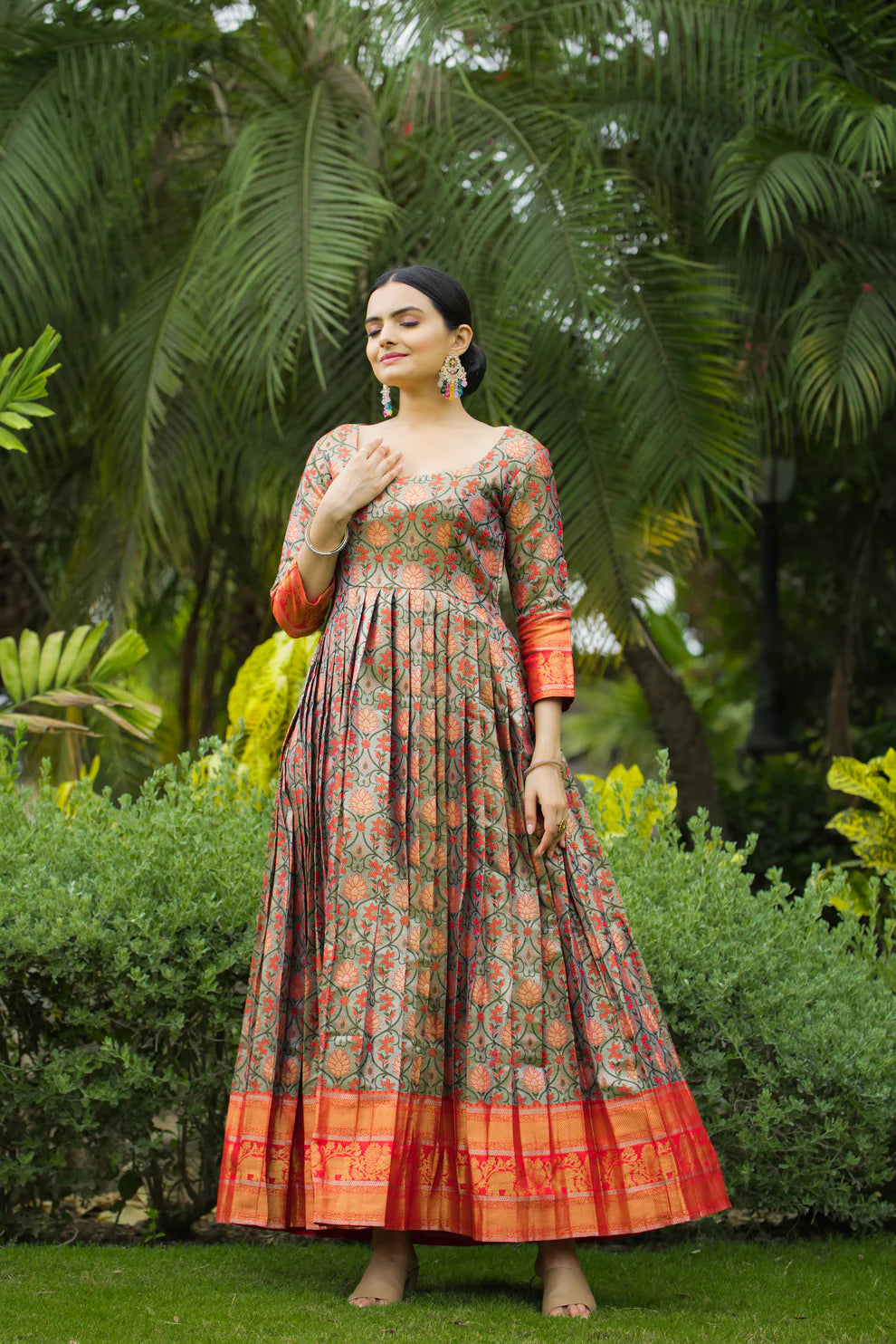 Dixz Fashion Regal Semi-Kanjivaram Silk Gown with Copper Weaving & Fancy Neckline