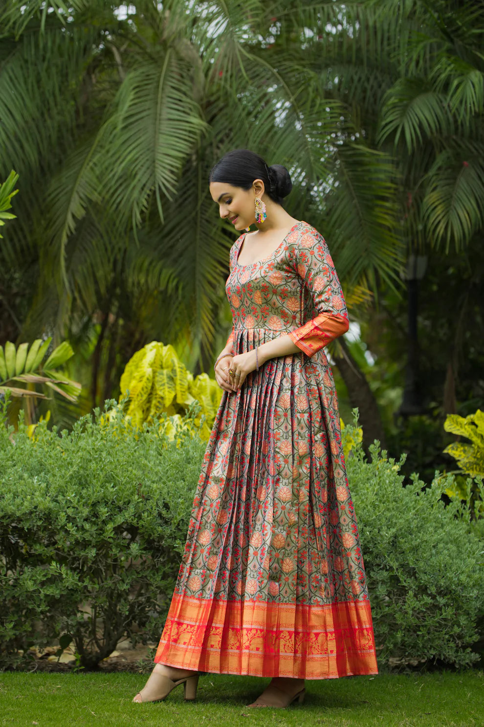 Dixz Fashion Regal Semi-Kanjivaram Silk Gown with Copper Weaving & Fancy Neckline
