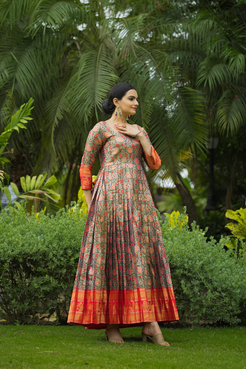 Dixz Fashion Regal Semi-Kanjivaram Silk Gown with Copper Weaving & Fancy Neckline