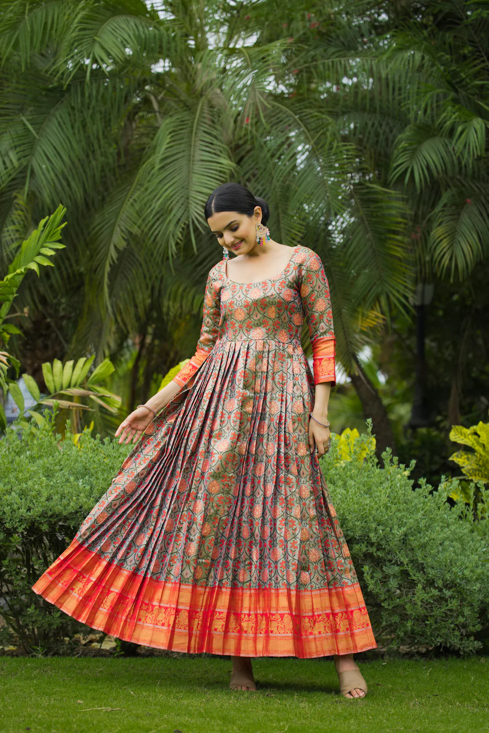 Dixz Fashion Regal Semi-Kanjivaram Silk Gown with Copper Weaving & Fancy Neckline