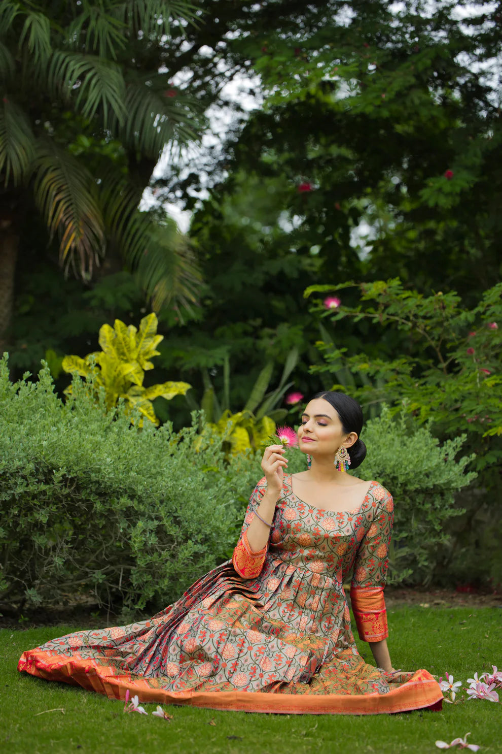 Dixz Fashion Regal Semi-Kanjivaram Silk Gown with Copper Weaving & Fancy Neckline