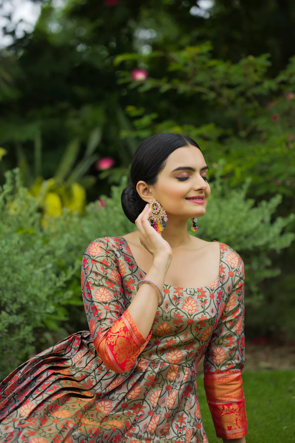 Dixz Fashion Regal Semi-Kanjivaram Silk Gown with Copper Weaving & Fancy Neckline