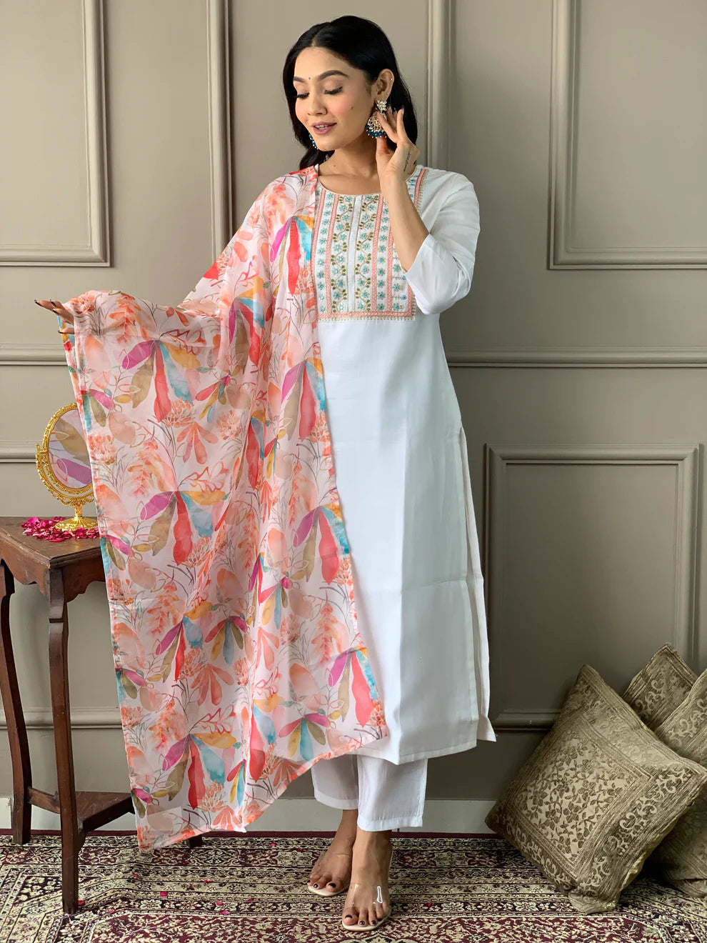 Dixz Fashion Embroidered Viscose Chanderi Kurti Set with Printed Dupatta