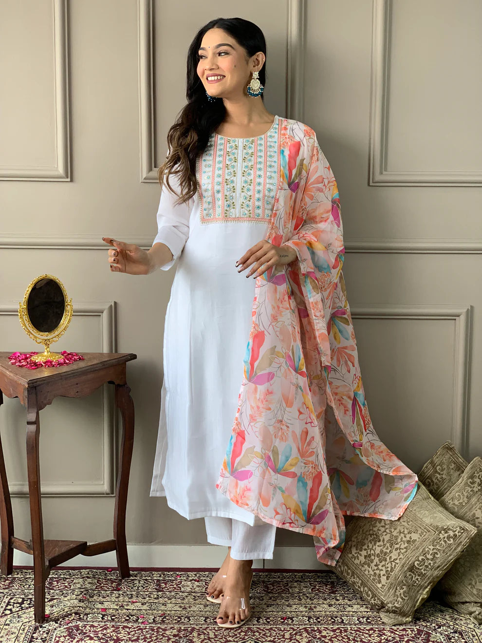 Dixz Fashion Embroidered Viscose Chanderi Kurti Set with Printed Dupatta