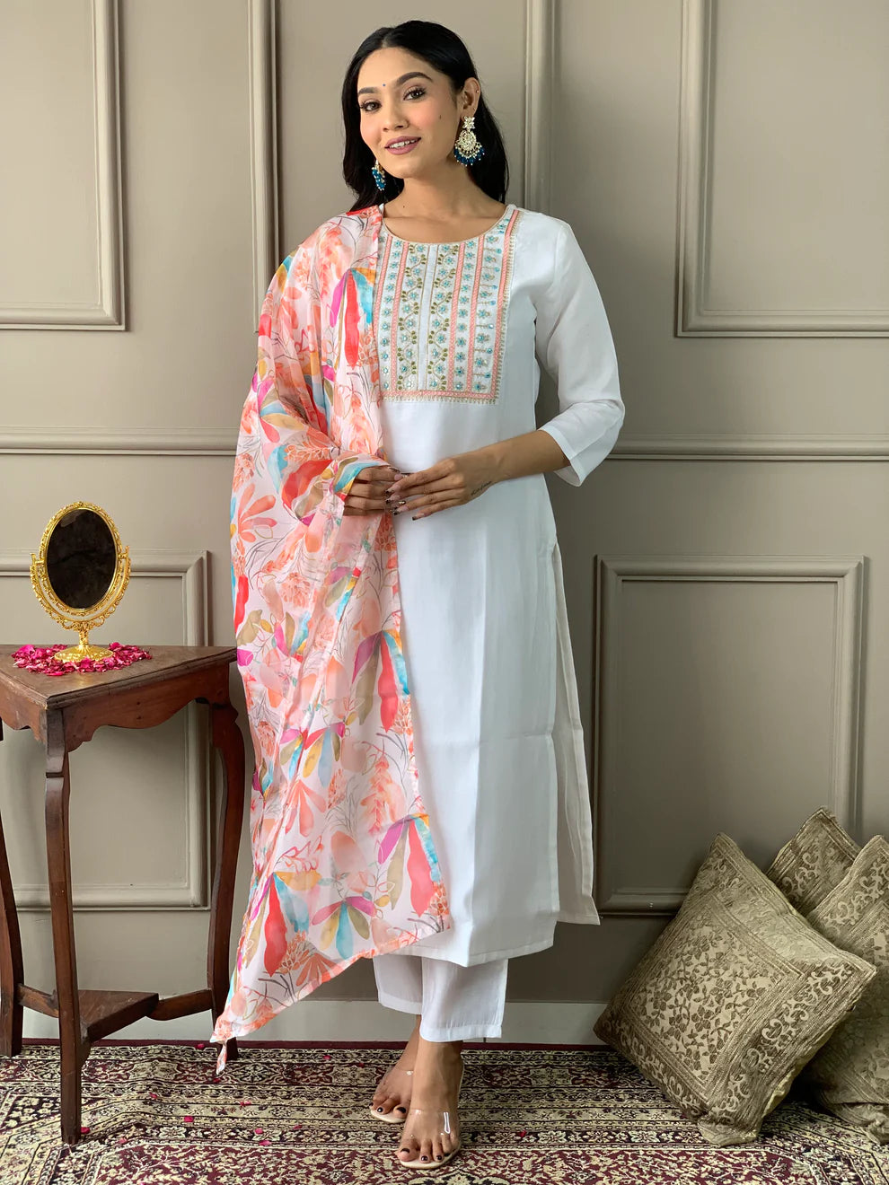 Dixz Fashion Embroidered Viscose Chanderi Kurti Set with Printed Dupatta