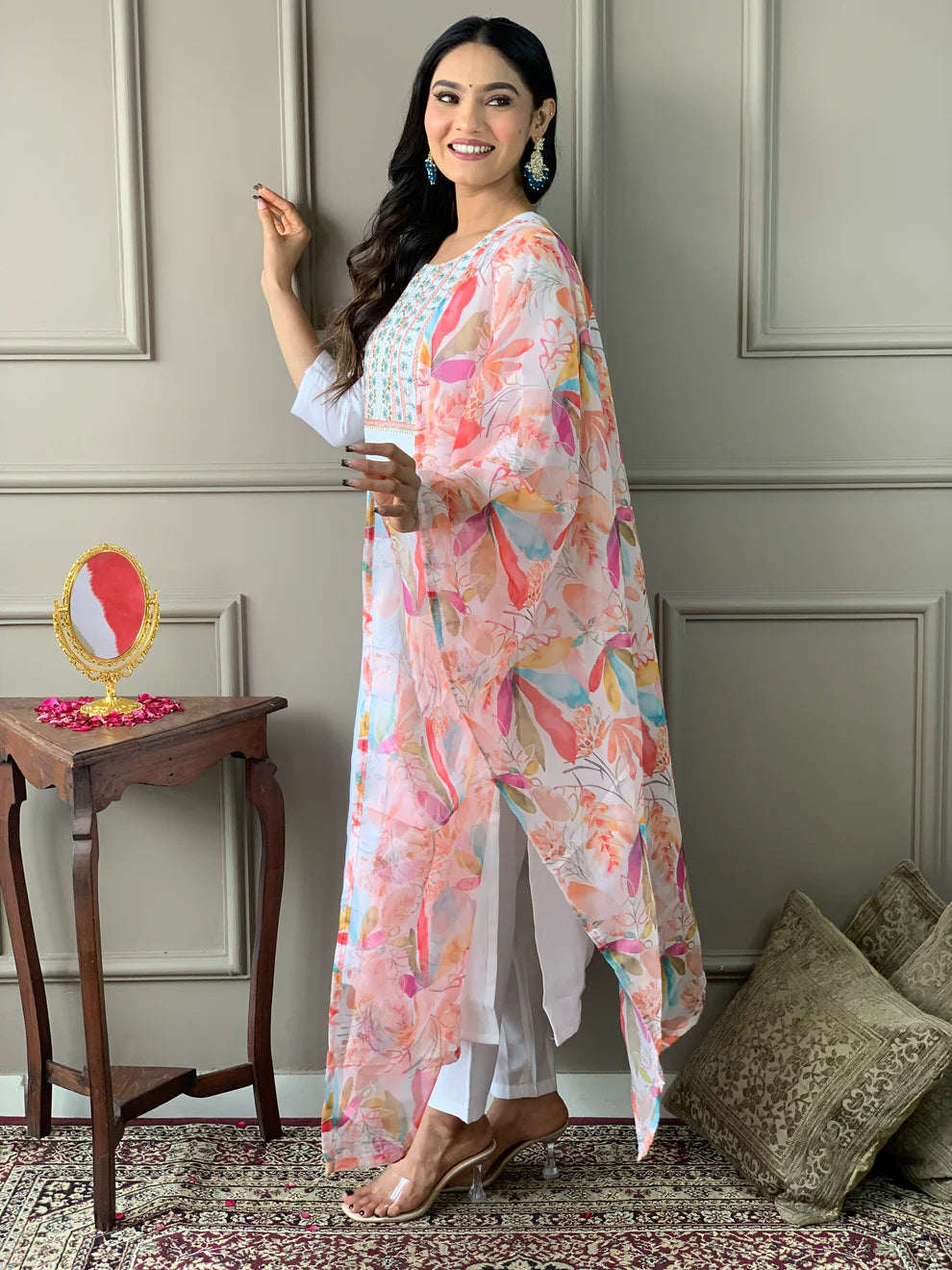 Dixz Fashion Embroidered Viscose Chanderi Kurti Set with Printed Dupatta