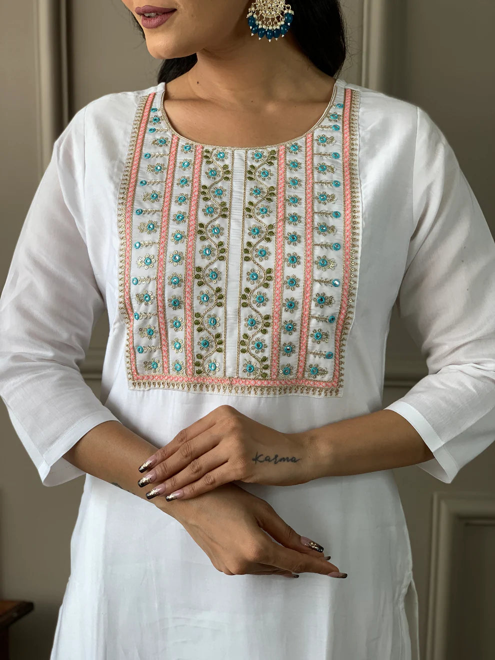 Dixz Fashion Embroidered Viscose Chanderi Kurti Set with Printed Dupatta