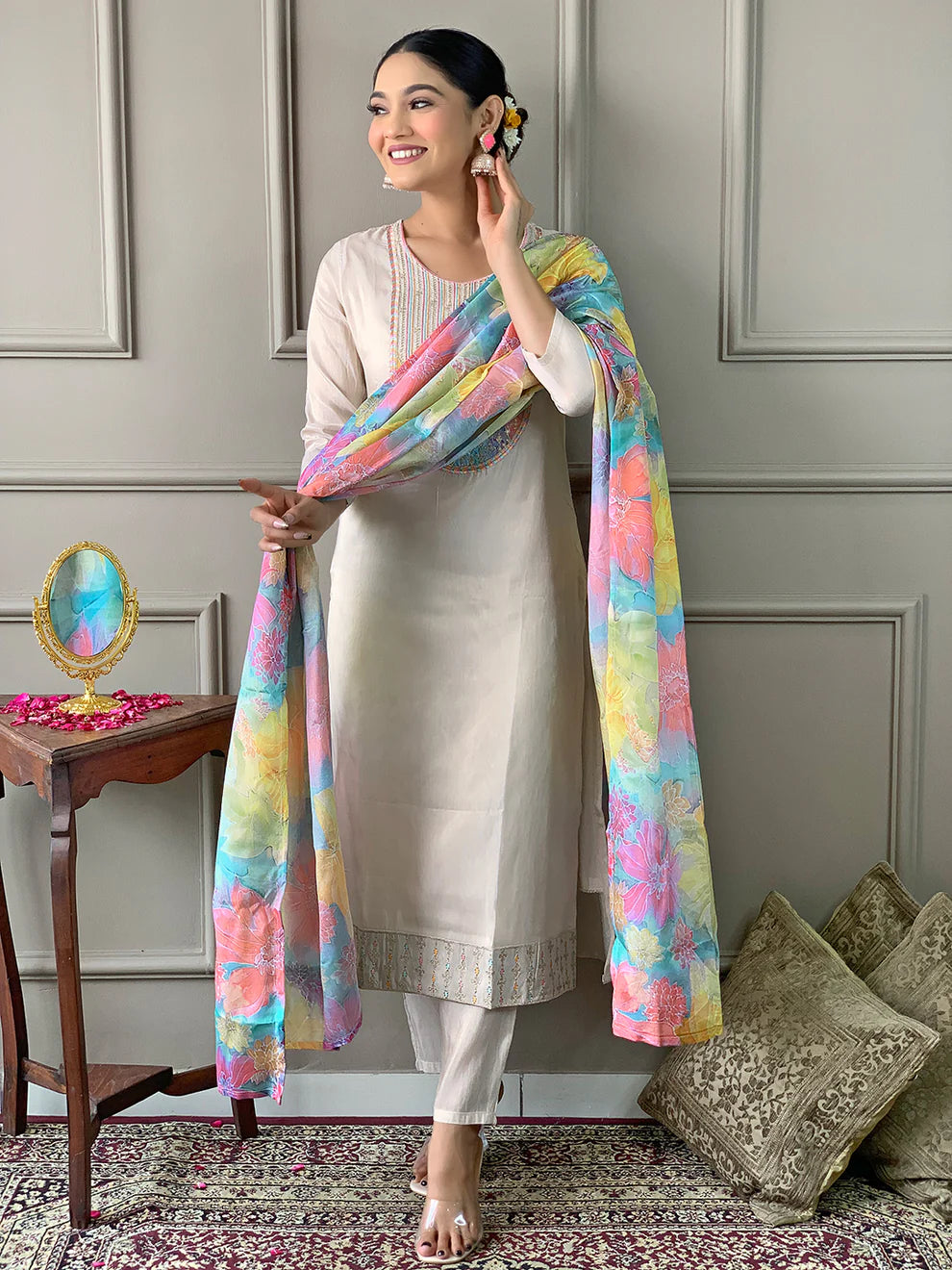 Dixz Fashion Premium Viscose Simmer 3-Piece Suit – Embroidered Kurti with Chinon Dupatta