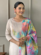 Dixz Fashion Premium Viscose Simmer 3-Piece Suit – Embroidered Kurti with Chinon Dupatta