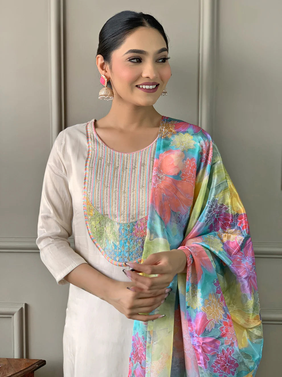 Dixz Fashion Premium Viscose Simmer 3-Piece Suit – Embroidered Kurti with Chinon Dupatta