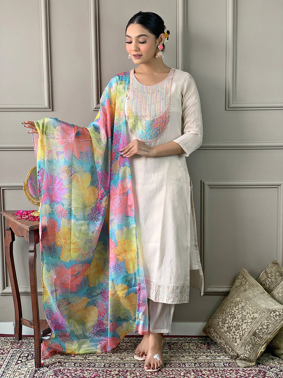 Dixz Fashion Premium Viscose Simmer 3-Piece Suit – Embroidered Kurti with Chinon Dupatta