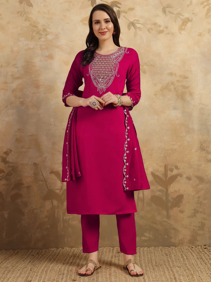 Elegant Viscose Chanderi Embroidered Suit Set with Nylon Chanderi Dupatta