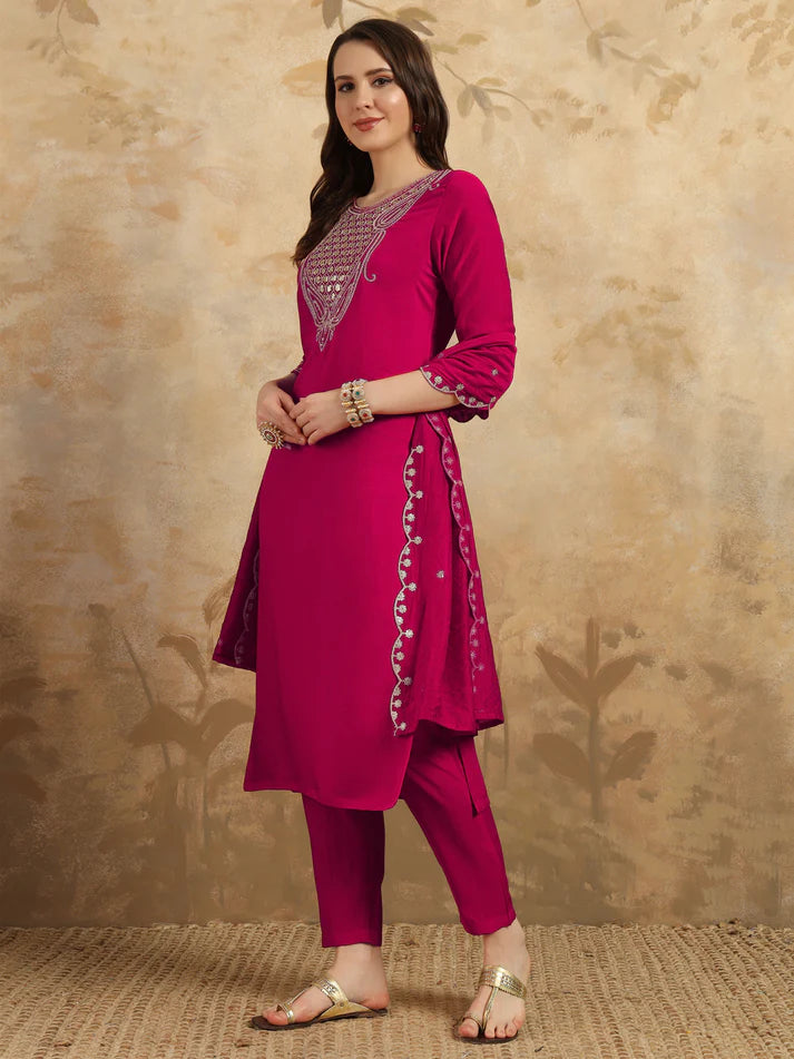 Elegant Viscose Chanderi Embroidered Suit Set with Nylon Chanderi Dupatta