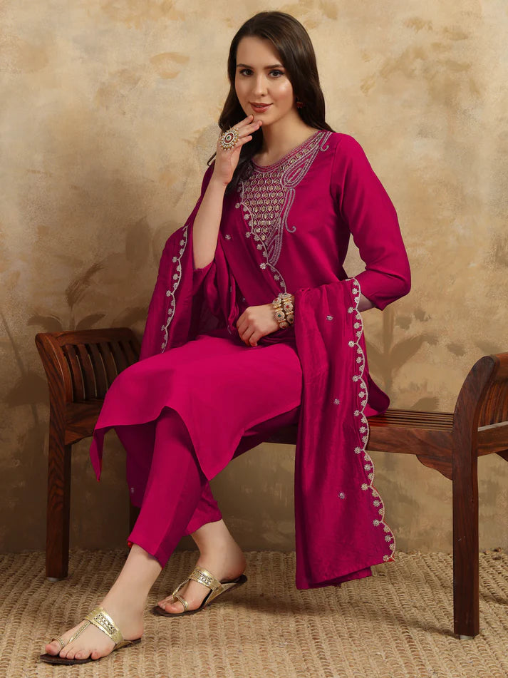 Elegant Viscose Chanderi Embroidered Suit Set with Nylon Chanderi Dupatta