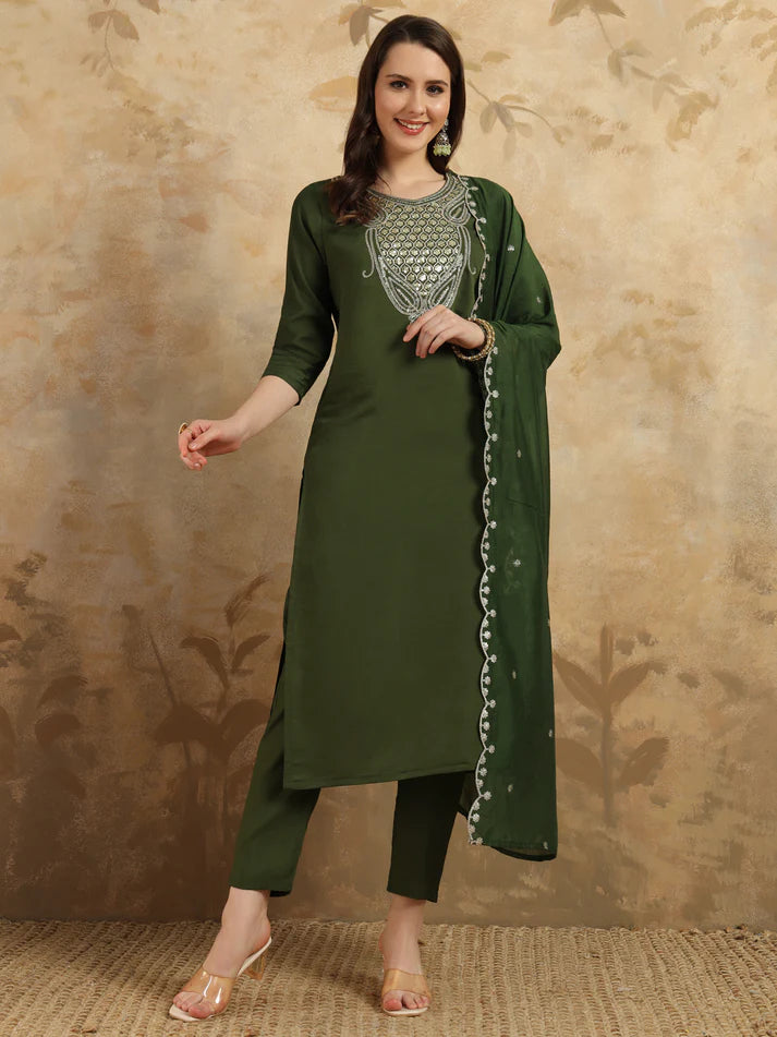Elegant Viscose Chanderi Embroidered Suit Set with Nylon Chanderi Dupatta