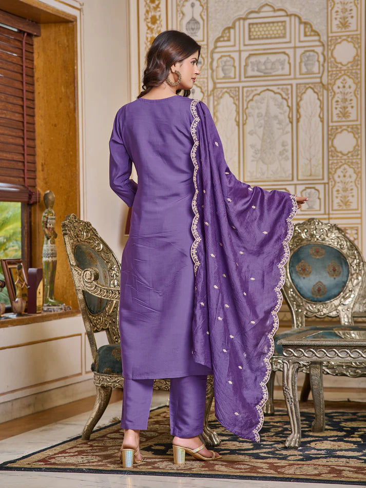 DIXZ FASHION  VISCOSE CHANDERI EMBROIDERED WORK KURTI SET