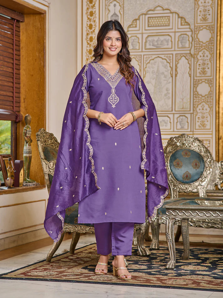 DIXZ FASHION  VISCOSE CHANDERI EMBROIDERED WORK KURTI SET