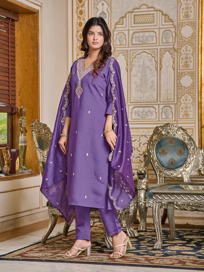 DIXZ FASHION  VISCOSE CHANDERI EMBROIDERED WORK KURTI SET