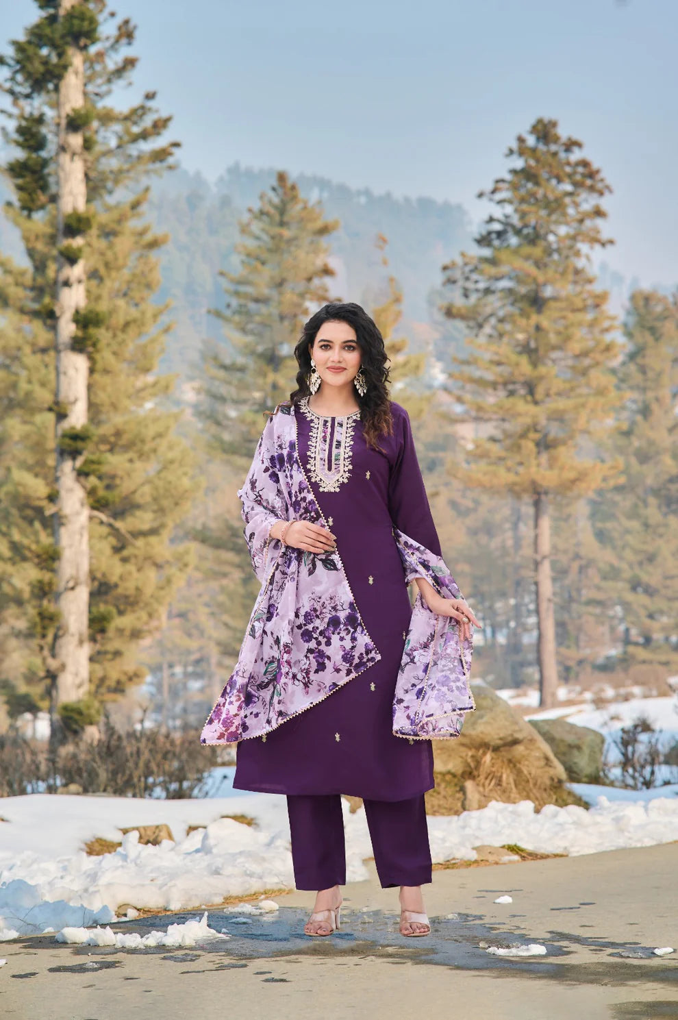 Dixz Fashion Women's Embroidered Viscose Chanderi Kurti Set with Teby Dupatta