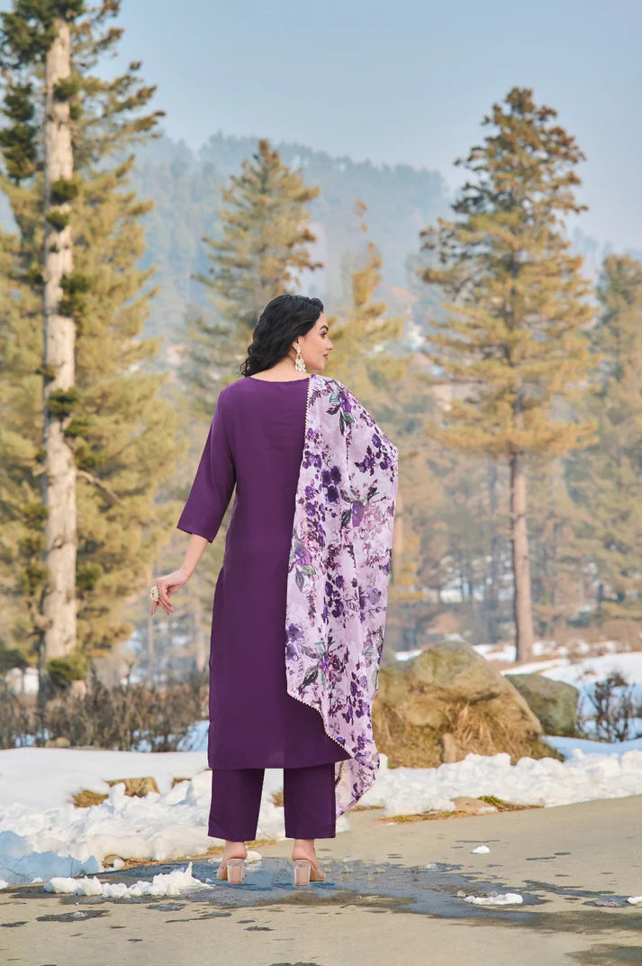 Dixz Fashion Women's Embroidered Viscose Chanderi Kurti Set with Teby Dupatta