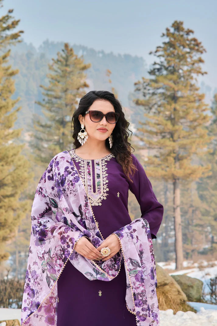 Dixz Fashion Women's Embroidered Viscose Chanderi Kurti Set with Teby Dupatta