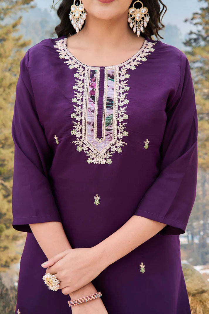 Dixz Fashion Women's Embroidered Viscose Chanderi Kurti Set with Teby Dupatta