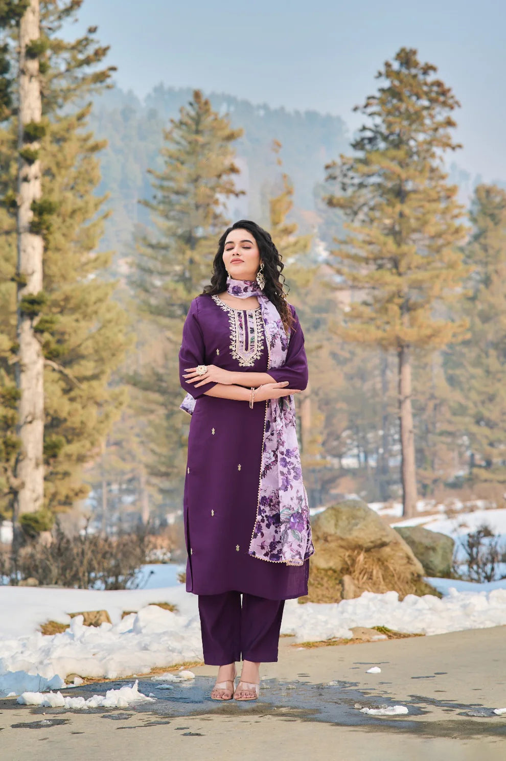 Dixz Fashion Women's Embroidered Viscose Chanderi Kurti Set with Teby Dupatta