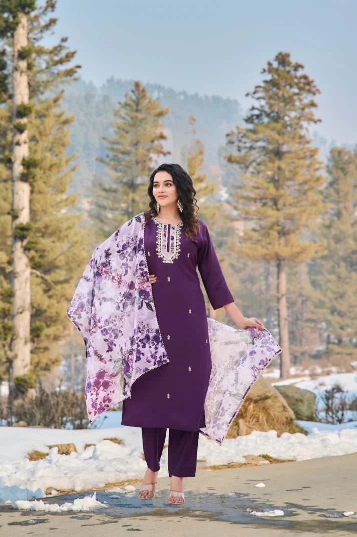 Dixz Fashion Women's Embroidered Viscose Chanderi Kurti Set with Teby Dupatta