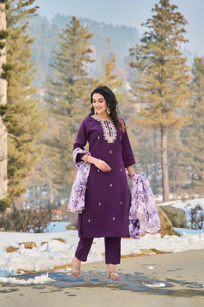 Dixz Fashion Women's Embroidered Viscose Chanderi Kurti Set with Teby Dupatta